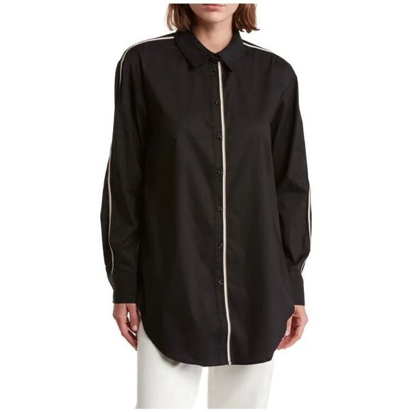 Ellen Tracy Tape Trim Poplin Oversized Black Blouse Size S - Picture 7 of 9